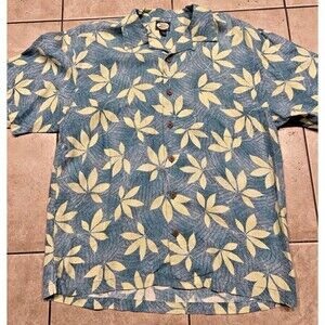 Tommy Bahama Shirt Mens Large Blue Floral 100% Linen Hawaiian Camp Loop collar